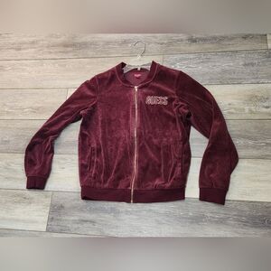 Guess Los Angeles Maroon Velour Velvet Embroidered zip up sweater Size Medium